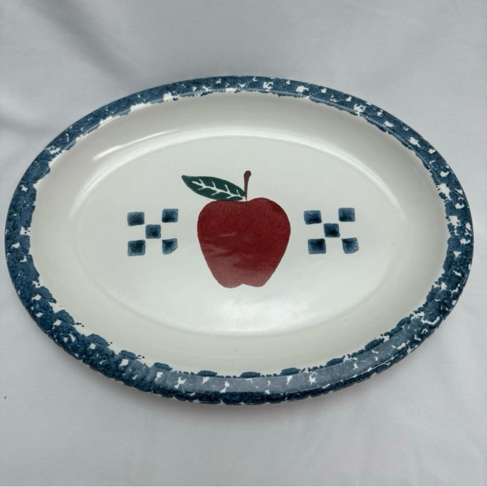 Vintage Chaparral Pottery Stoneware Blue Rim Oval Serving Platter Apples